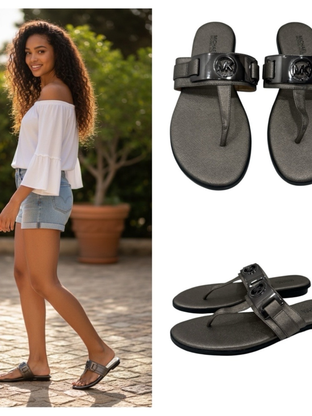 Michael Kors Women's Metallic Black Logo Thong Sandals size 6.5